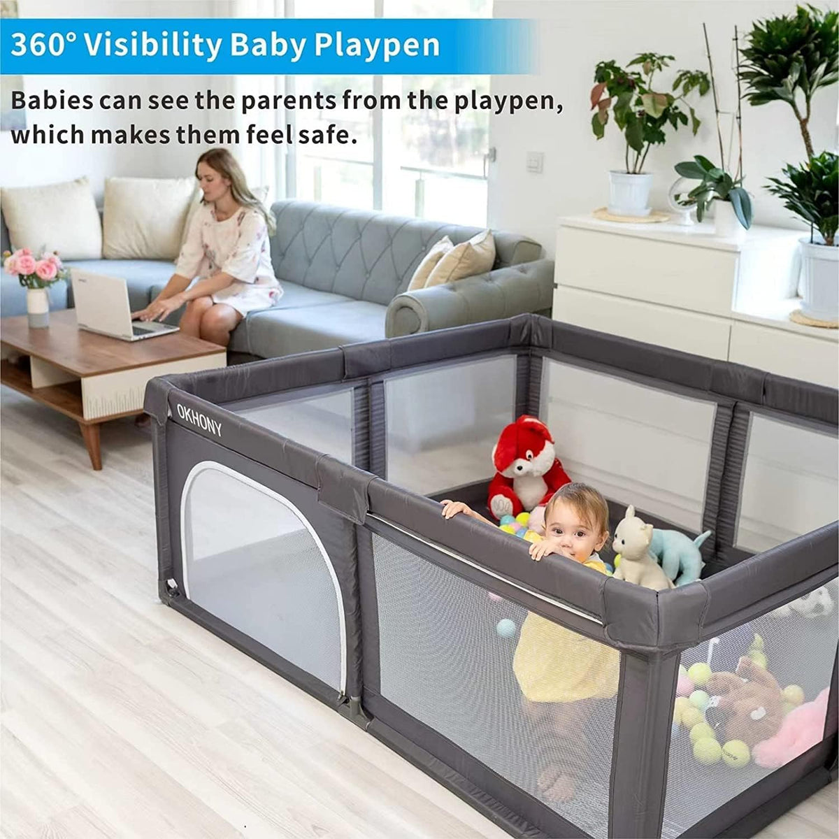 SKY-TOUCH Baby Playpen, 200x200cm Extra Large Playard for Babies and Toddlers, Sturdy Anti-Fall Activity Center with Breathable Mesh and Zipper Door, Anti-Slip Suction Cup Base - with 4 Pull-Up Ring - 9