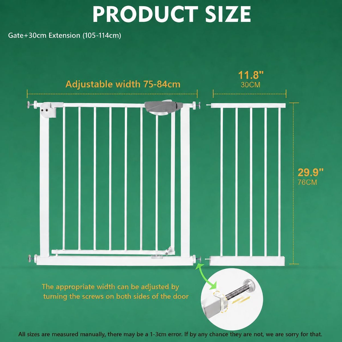 SKY-TOUCH Auto Close Safety Baby Gate, Extra Wide Child Gate 75-84cm + 30cm Extension Kit Minimum 105cm Maximum 114cm, Baby Gates for Stairs & Doorways, Easy Install (Gate + 30cm Extension Kit) - 2