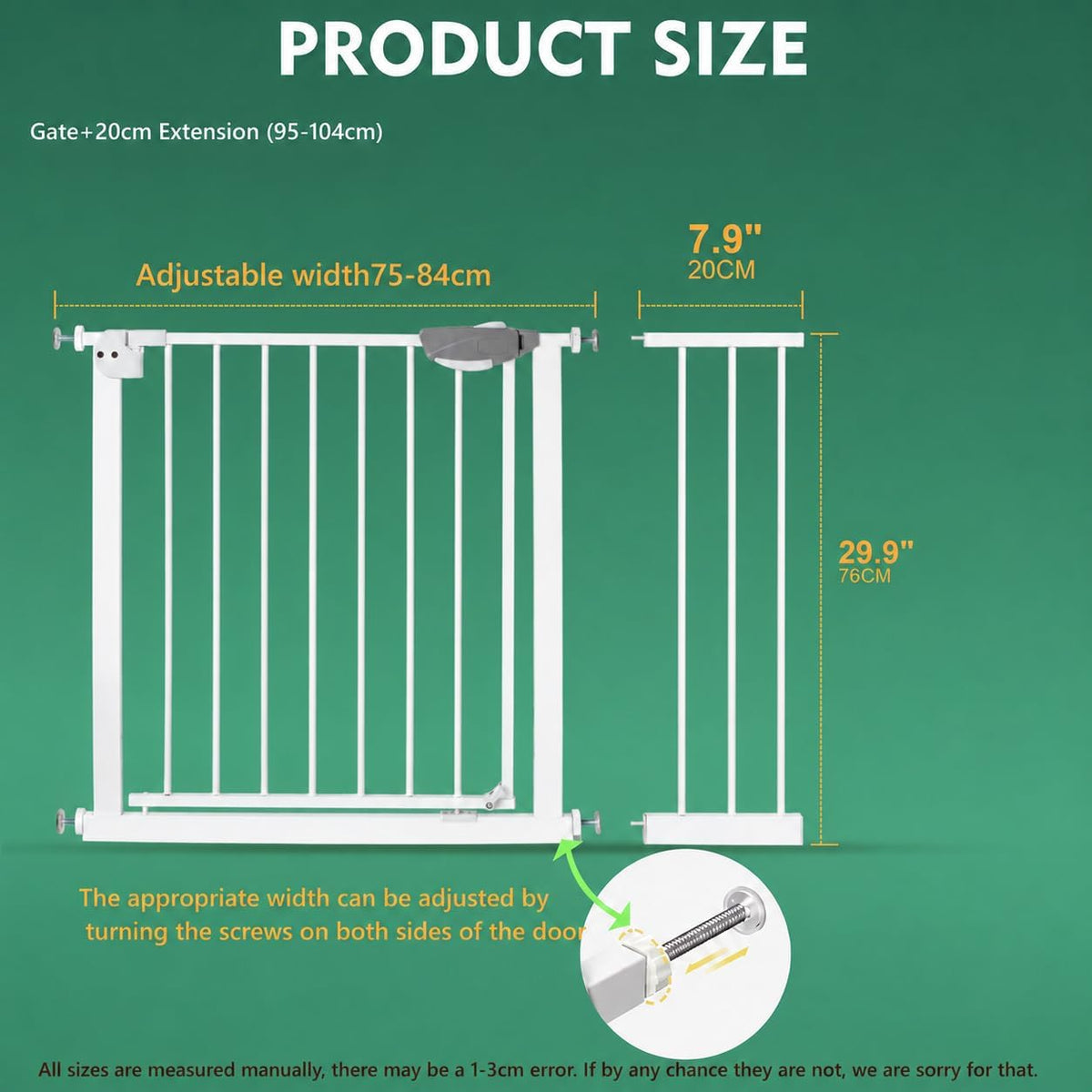 SKY-TOUCH Auto Close Safety Baby Gate, Extra Wide Child Gate 75-84cm + 20cm Extension Kit Maximum Suitable For 104cm, Baby Gates for Stairs & Doorways, Easy Install (Gate + 20cm Extension Kit) - 2