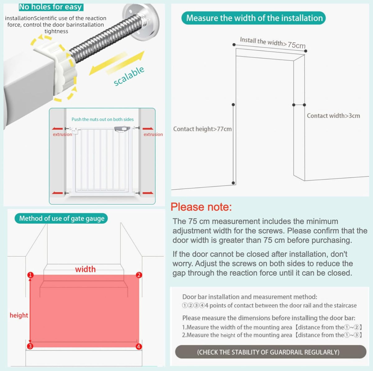SKY-TOUCH Auto Close Safety Baby Gate, Extra Wide Child Gate 75-84cm + 20cm Extension Kit Maximum Suitable For 104cm, Baby Gates for Stairs & Doorways, Easy Install (Gate + 20cm Extension Kit) - 4