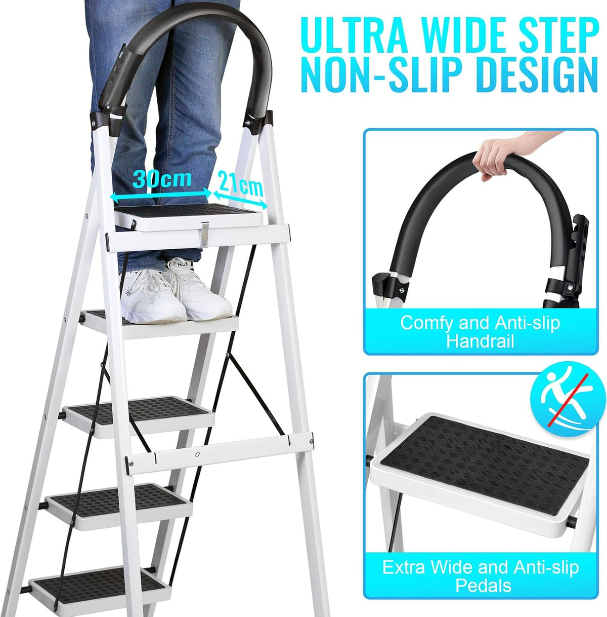 SKY-TOUCH Foldable 5-Step Ladder, Folding Step Stool with Wide Anti-Slip Pedal, Sturdy Steel Ladder for Home, Kitchen, Garden, Office - 2