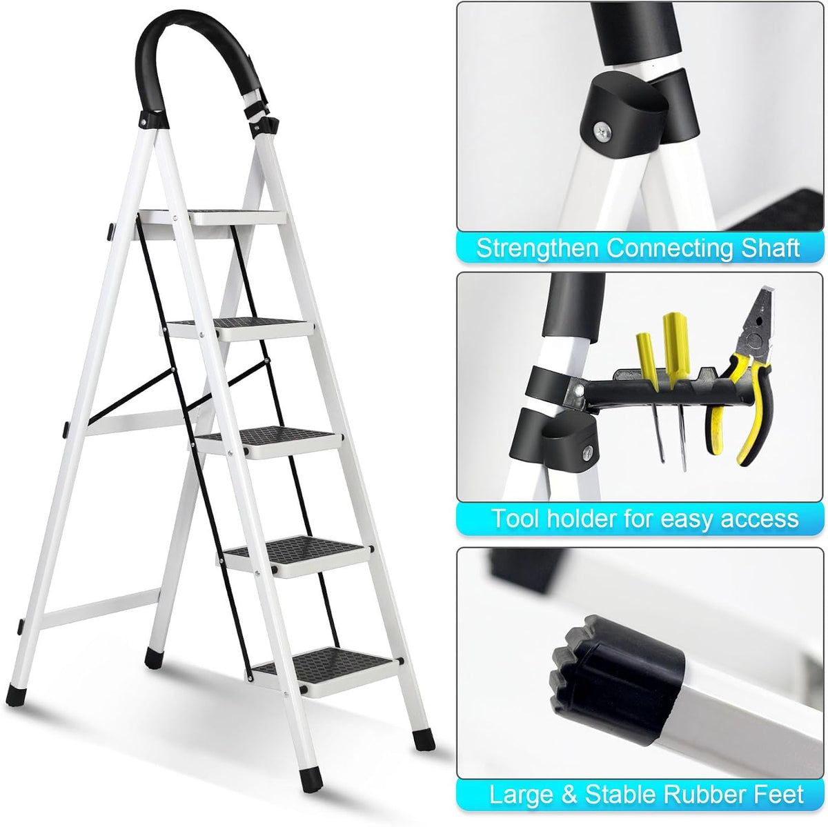 SKY-TOUCH Foldable 5-Step Ladder, Folding Step Stool with Wide Anti-Slip Pedal, Sturdy Steel Ladder for Home, Kitchen, Garden, Office - 3