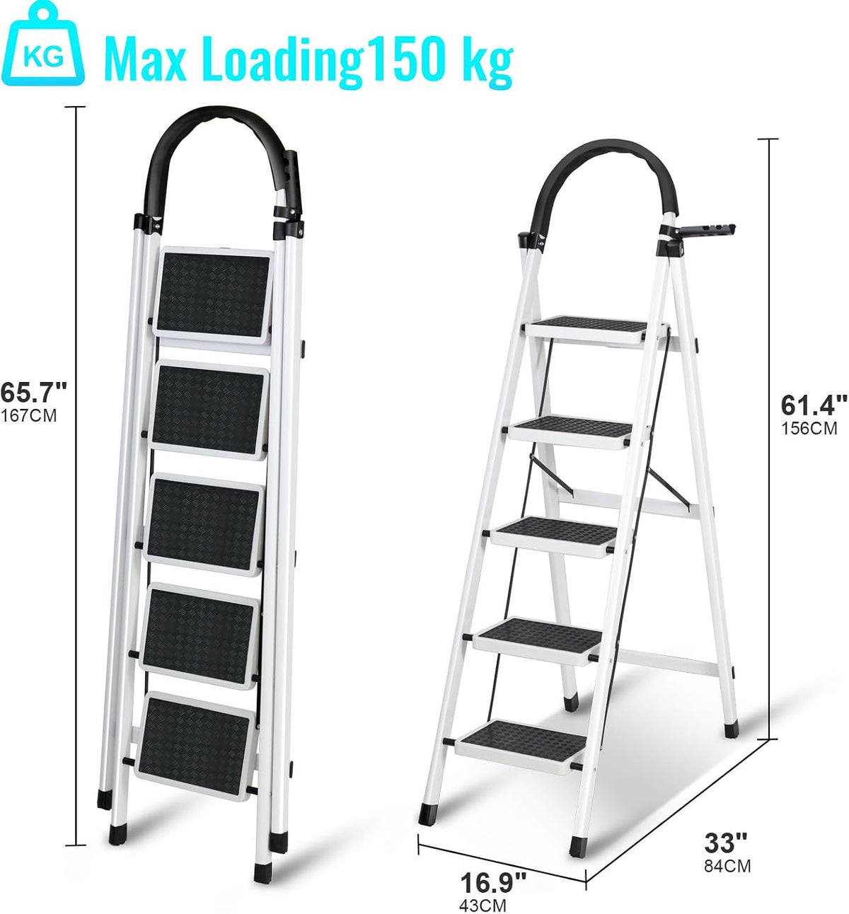 SKY-TOUCH Foldable 5-Step Ladder, Folding Step Stool with Wide Anti-Slip Pedal, Sturdy Steel Ladder for Home, Kitchen, Garden, Office - 4