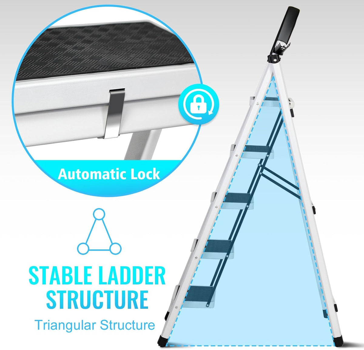 SKY-TOUCH Foldable 5-Step Ladder, Folding Step Stool with Wide Anti-Slip Pedal, Sturdy Steel Ladder for Home, Kitchen, Garden, Office - 5