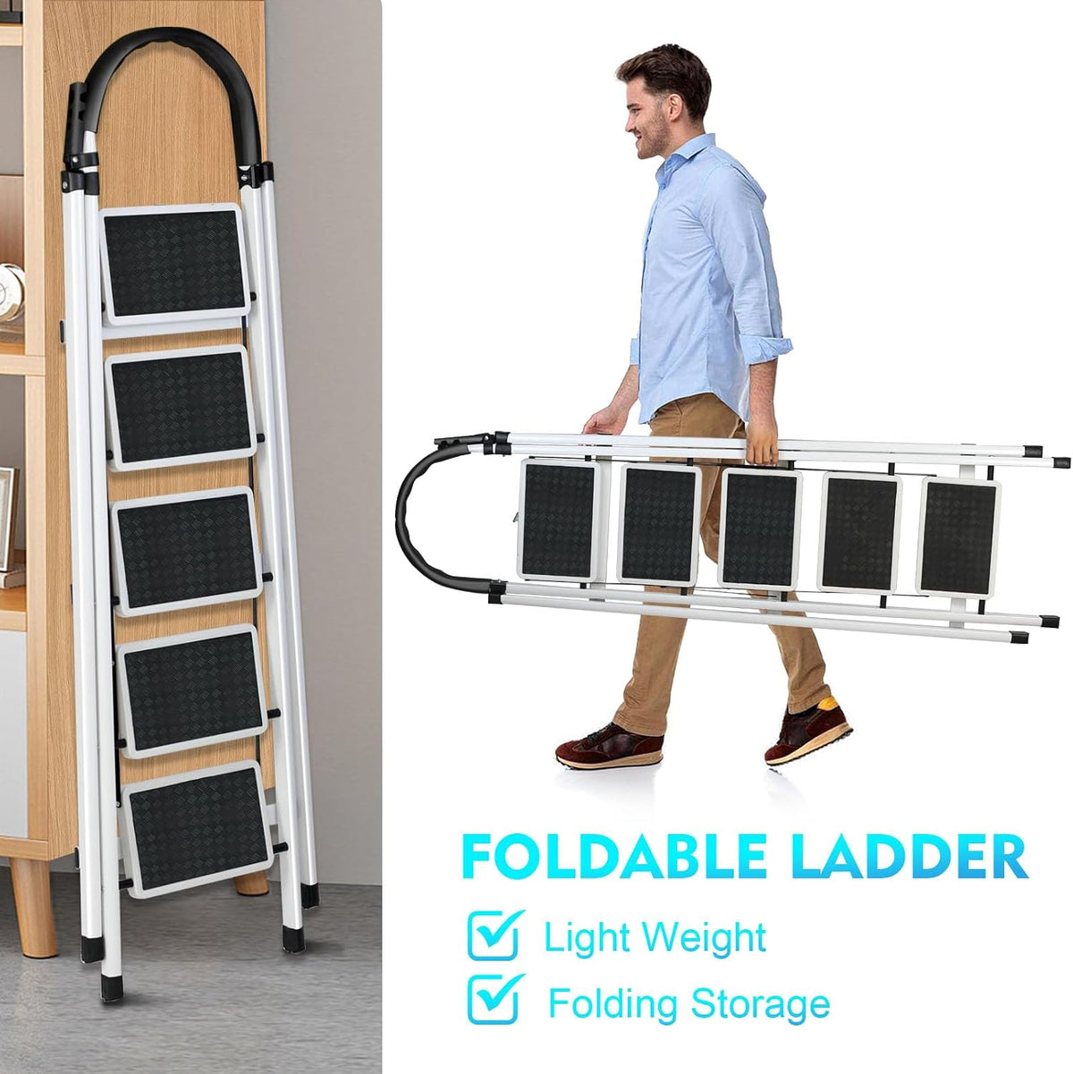 SKY-TOUCH Foldable 5-Step Ladder, Folding Step Stool with Wide Anti-Slip Pedal, Sturdy Steel Ladder for Home, Kitchen, Garden, Office - 6