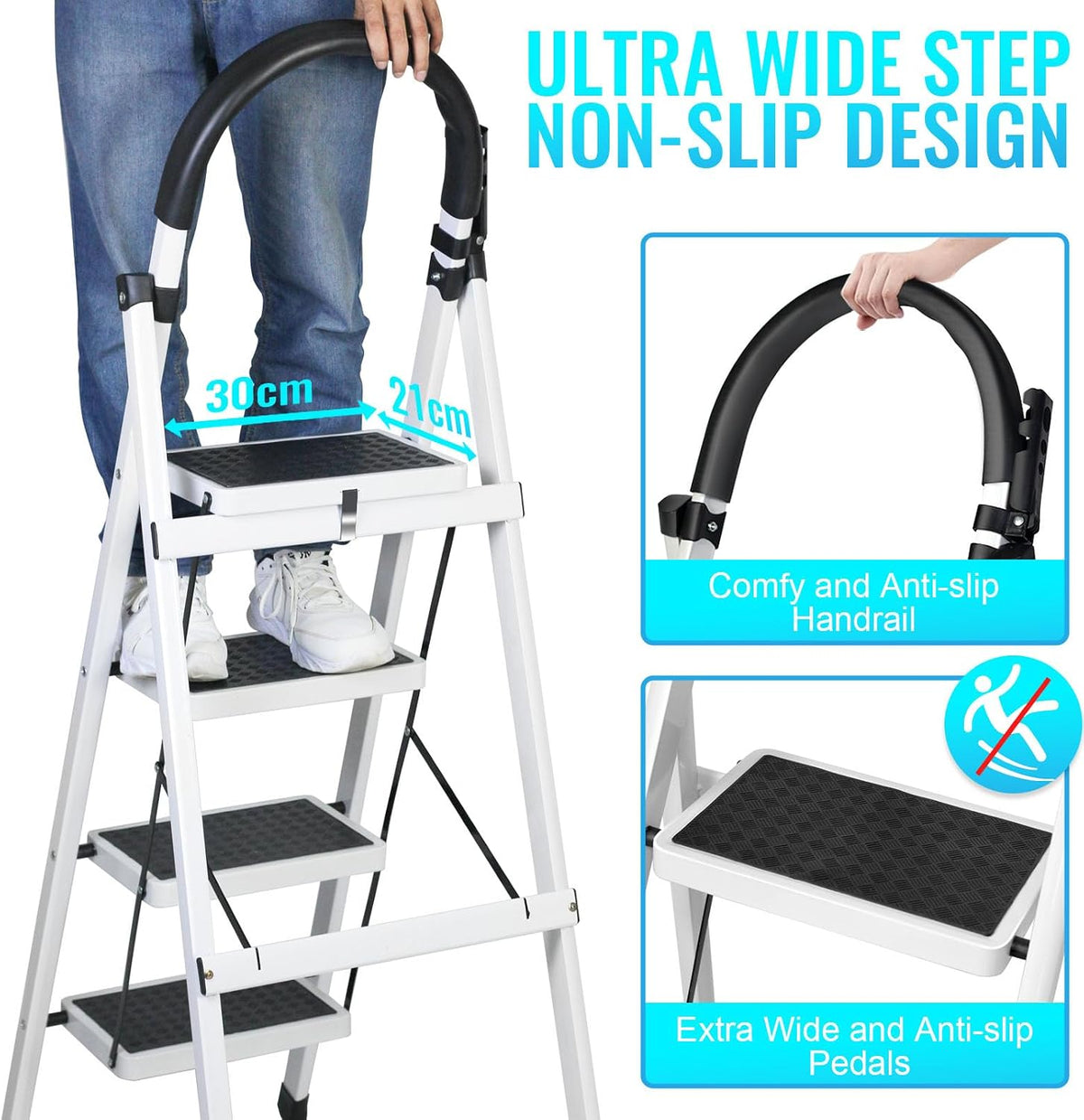 SKY-TOUCH Foldable 4-Step Ladder, Folding Step Stool With Wide Anti-Slip Pedal, Sturdy Steel Ladder for Home, Kitchen, Garden, Office - 3