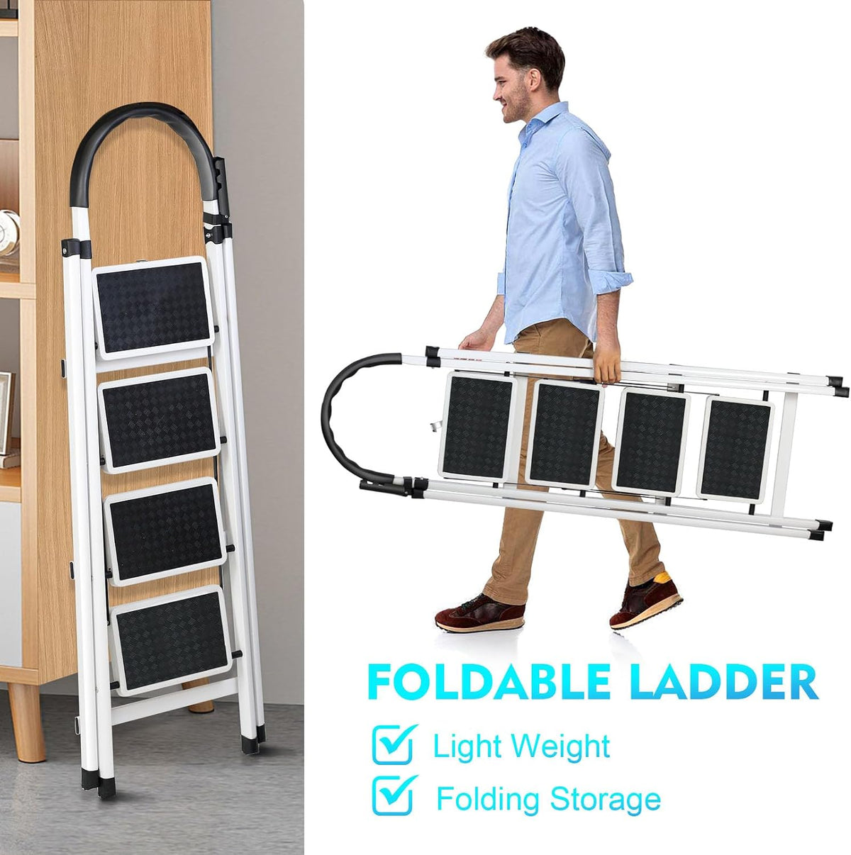 SKY-TOUCH Foldable 4-Step Ladder, Folding Step Stool With Wide Anti-Slip Pedal, Sturdy Steel Ladder for Home, Kitchen, Garden, Office - 6