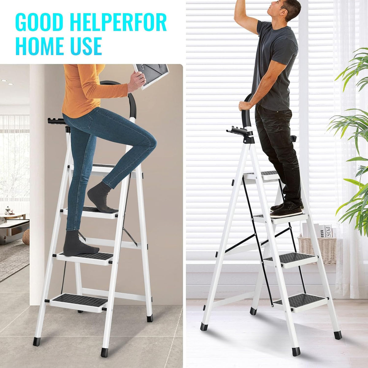 SKY-TOUCH Foldable 4-Step Ladder, Folding Step Stool With Wide Anti-Slip Pedal, Sturdy Steel Ladder for Home, Kitchen, Garden, Office - 7