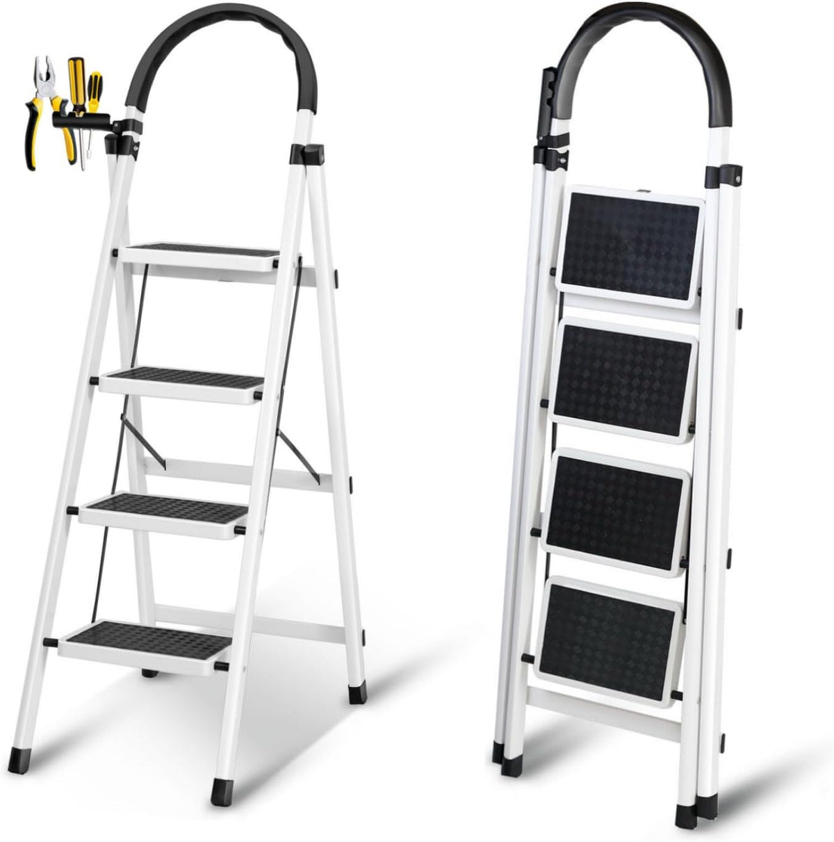SKY-TOUCH Foldable 4-Step Ladder, Folding Step Stool With Wide Anti-Slip Pedal, Sturdy Steel Ladder for Home, Kitchen, Garden, Office