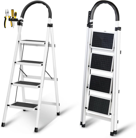 SKY-TOUCH Foldable 4-Step Ladder, Folding Step Stool With Wide Anti-Slip Pedal, Sturdy Steel Ladder for Home, Kitchen, Garden, Office