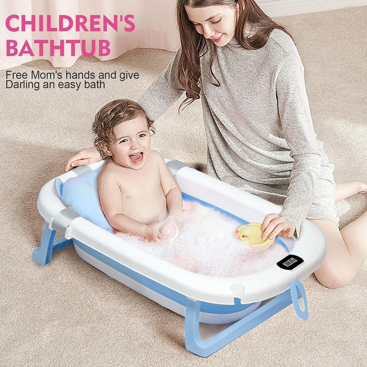 SKY-TOUCH Baby Foldable Bath Tub with Bathmat Cushion & Thermometer, Portable Baby Bathtub with Drain Hole, Shower Basin with Non-Slip Support Leg for Boy Girl (Blue) - 2