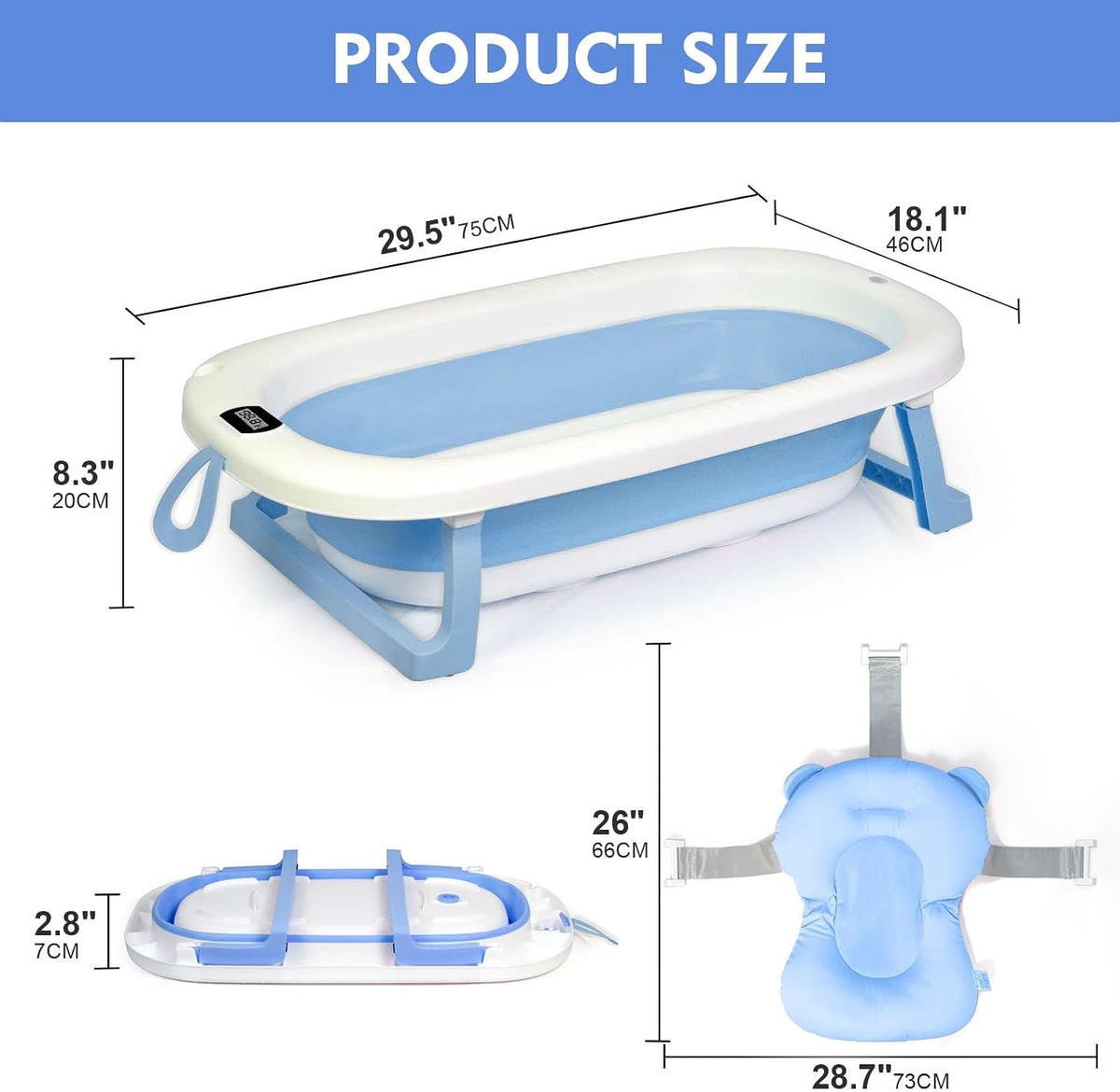 SKY-TOUCH Baby Foldable Bath Tub with Bathmat Cushion & Thermometer, Portable Baby Bathtub with Drain Hole, Shower Basin with Non-Slip Support Leg for Boy Girl (Blue) - 3