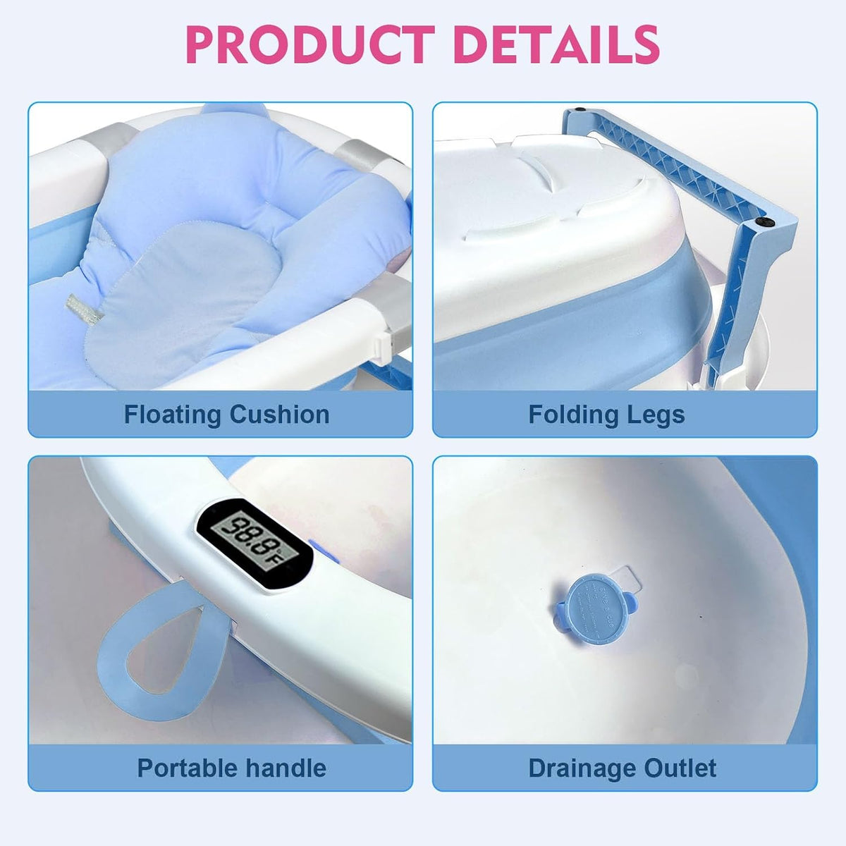 SKY-TOUCH Baby Foldable Bath Tub with Bathmat Cushion & Thermometer, Portable Baby Bathtub with Drain Hole, Shower Basin with Non-Slip Support Leg for Boy Girl (Blue) - 4