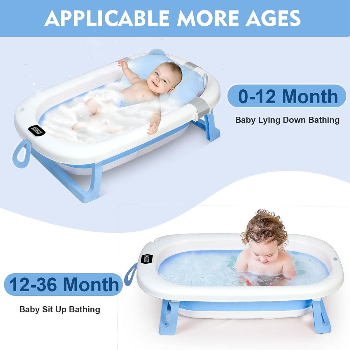 SKY-TOUCH Baby Foldable Bath Tub with Bathmat Cushion & Thermometer, Portable Baby Bathtub with Drain Hole, Shower Basin with Non-Slip Support Leg for Boy Girl (Blue) - 5