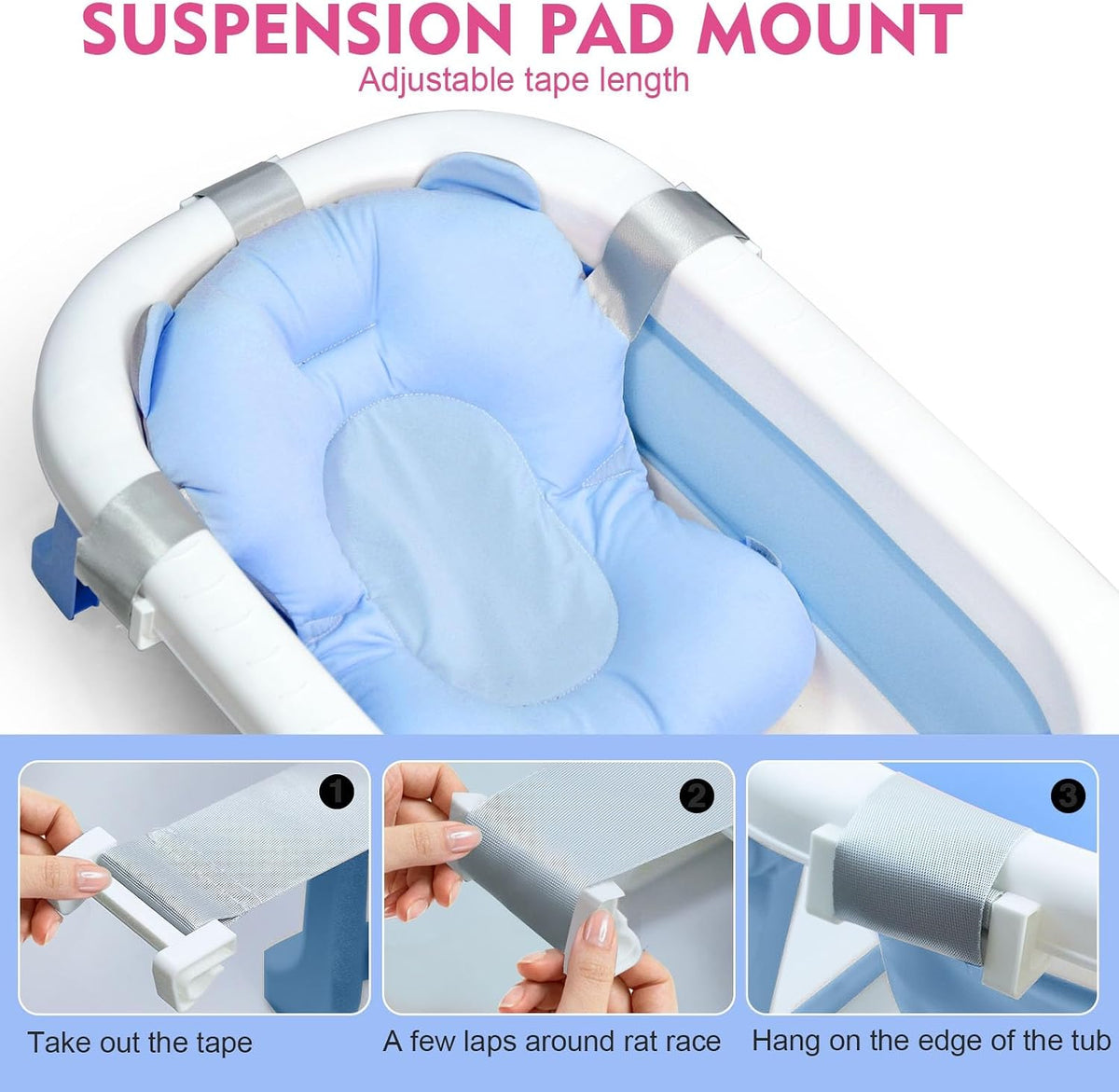 SKY-TOUCH Baby Foldable Bath Tub with Bathmat Cushion & Thermometer, Portable Baby Bathtub with Drain Hole, Shower Basin with Non-Slip Support Leg for Boy Girl (Blue) - 6