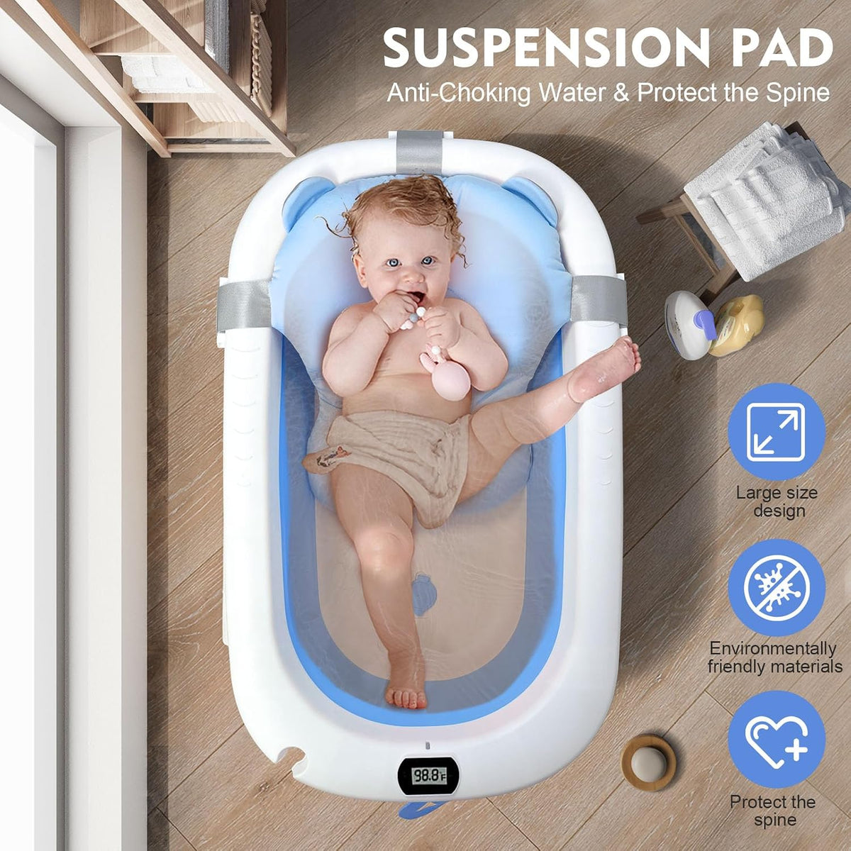 SKY-TOUCH Baby Foldable Bath Tub with Bathmat Cushion & Thermometer, Portable Baby Bathtub with Drain Hole, Shower Basin with Non-Slip Support Leg for Boy Girl (Blue) - 7