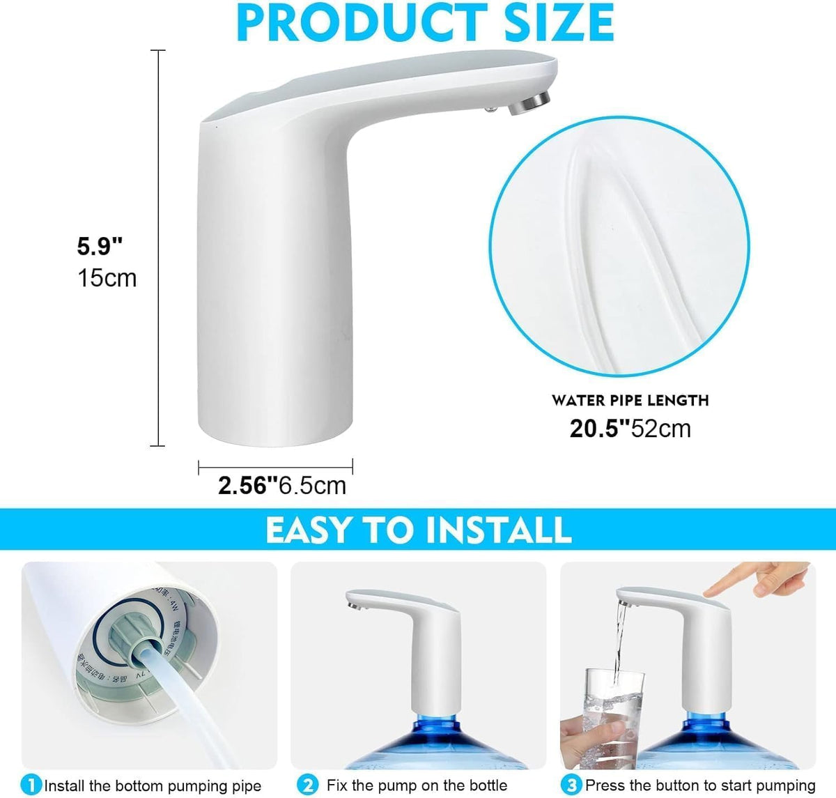 SKY-TOUCH Drinking Water Bottle Pump: Portable Water Bottle Dispenser with LED Night Lights 2-5 Gallon Bottle Automatic Water Pump with Touching Switch and USB Electric Charging for Outdoors Indoors - 5