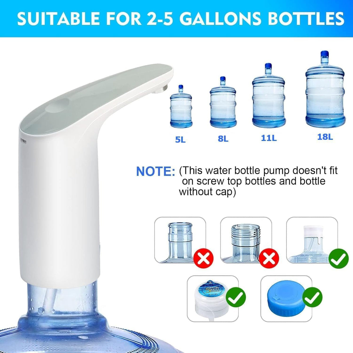 SKY-TOUCH Drinking Water Bottle Pump: Portable Water Bottle Dispenser with LED Night Lights 2-5 Gallon Bottle Automatic Water Pump with Touching Switch and USB Electric Charging for Outdoors Indoors - 6