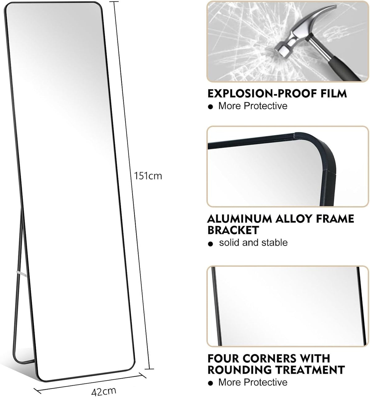 SKY-TOUCH Full Length Mirror 151x42cm, Floor Mirrors with Aluminum Alloy Frame Free-Standing Leaning Large Bedroom Dressing Mirror, Full Body Mirror with Stand for Living Room,Bedroom,Black - 2