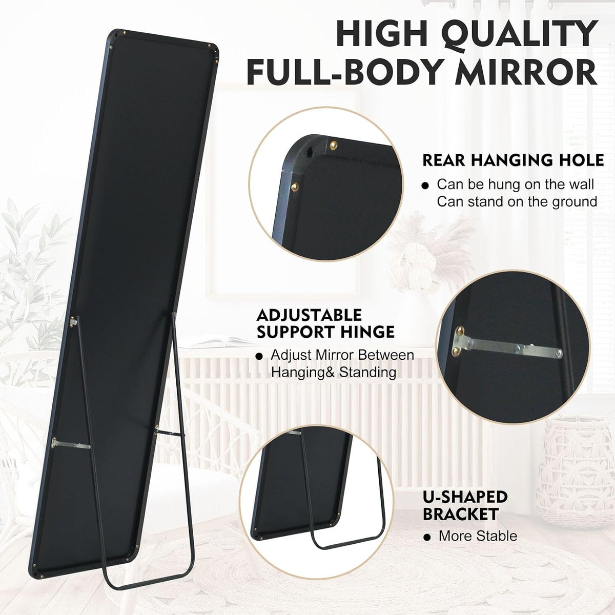SKY-TOUCH Full Length Mirror 151x42cm, Floor Mirrors with Aluminum Alloy Frame Free-Standing Leaning Large Bedroom Dressing Mirror, Full Body Mirror with Stand for Living Room,Bedroom,Black - 3