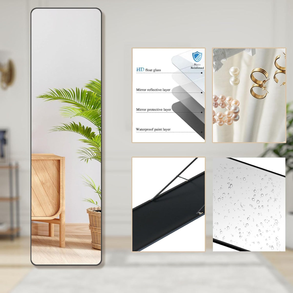 SKY-TOUCH Full Length Mirror 151x42cm, Floor Mirrors with Aluminum Alloy Frame Free-Standing Leaning Large Bedroom Dressing Mirror, Full Body Mirror with Stand for Living Room,Bedroom,Black - 5