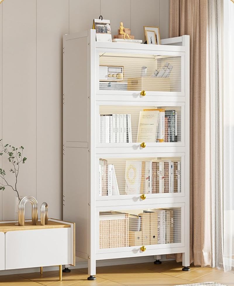 SKY-TOUCH 5-Tier Storage Cabinet : Heavy Metal Shelf with 4 Door Bookshelf Bookcase with 4 Wheels Storage Rack Organizer Workstation for Kitchen Home Office Pantry Study (White 144 * 80 * 32cm) - 2