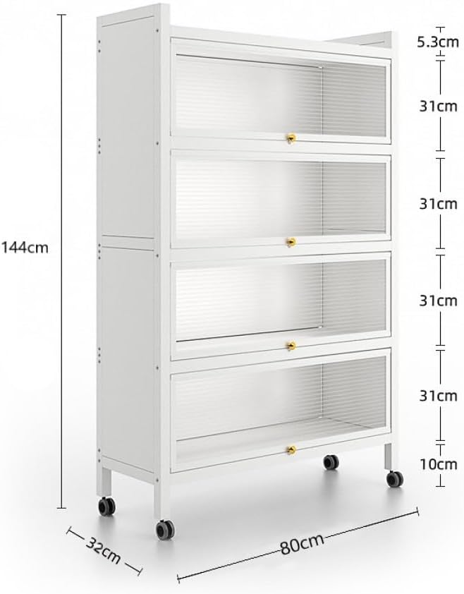 SKY-TOUCH 5-Tier Storage Cabinet : Heavy Metal Shelf with 4 Door Bookshelf Bookcase with 4 Wheels Storage Rack Organizer Workstation for Kitchen Home Office Pantry Study (White 144 * 80 * 32cm) - 3