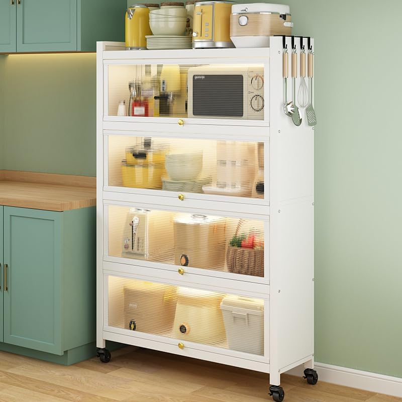 SKY-TOUCH 5-Tier Storage Cabinet : Heavy Metal Shelf with 4 Door Bookshelf Bookcase with 4 Wheels Storage Rack Organizer Workstation for Kitchen Home Office Pantry Study (White 144 * 80 * 32cm) - 4