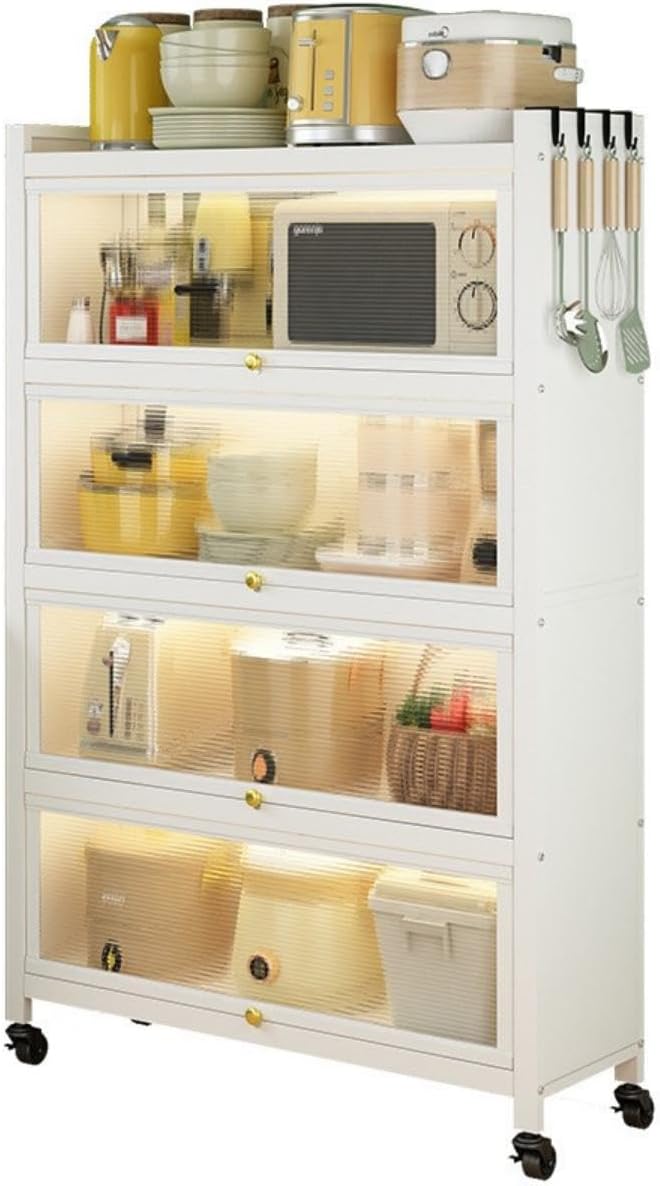 SKY-TOUCH 5-Tier Storage Cabinet : Heavy Metal Shelf with 4 Door Bookshelf Bookcase with 4 Wheels Storage Rack Organizer Workstation for Kitchen Home Office Pantry Study (White 144 * 80 * 32cm)