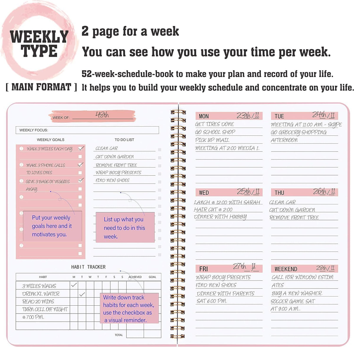 SKY-TOUCH A5 Weekly Planner : To Do List Notebook with 52 Undated Sheets Daily Planner with Goal Habit Tracker Organizer for Office Home School Work Study Life Pink - 2