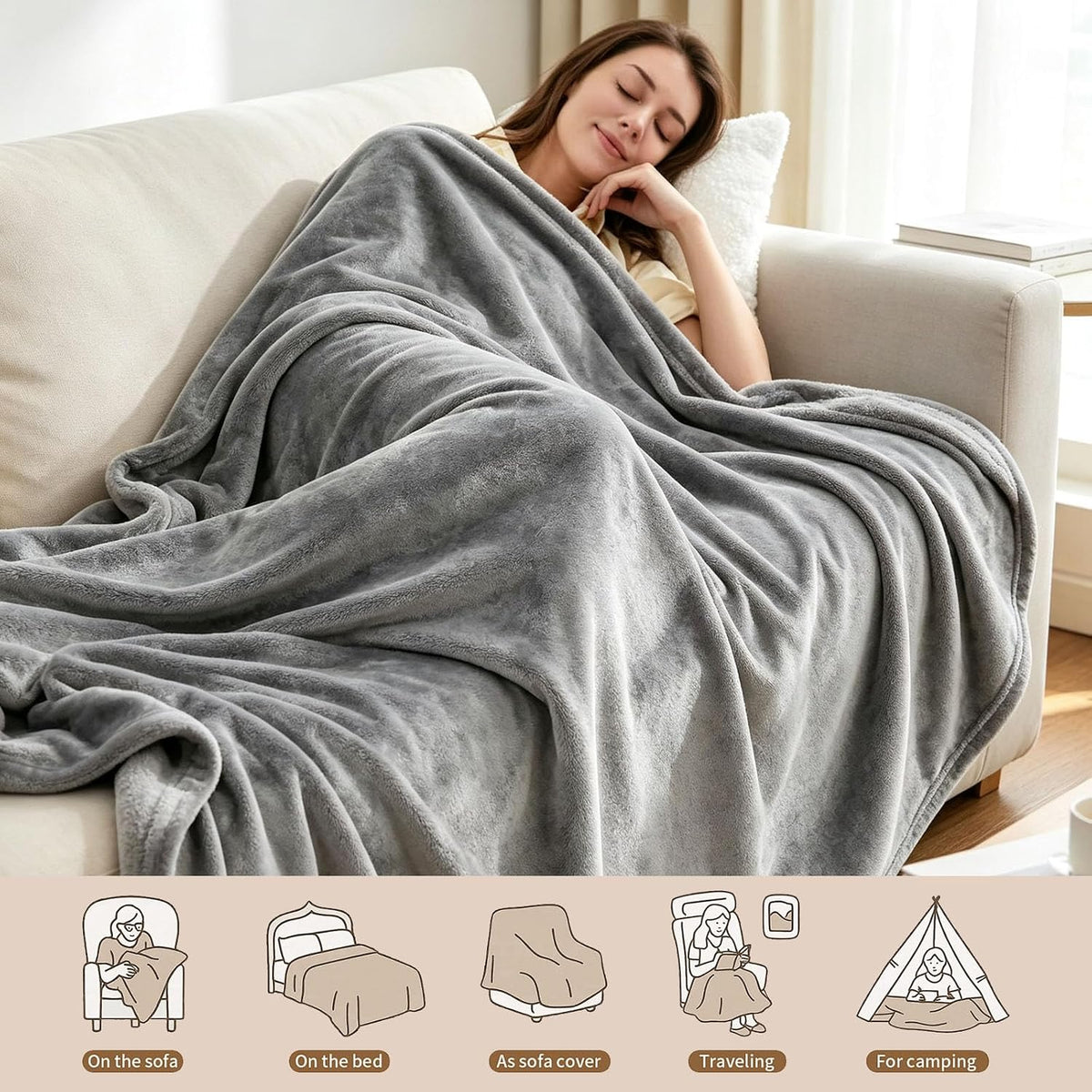 SKY-TOUCH Queen Fleece Blanket : 270GSM Super Soft Lightweight Bed Blanket Plush Fuzzy Cozy Luxury Microfiber Throw Blanket for Home Office Dorm Bed Sofa Chair Couch Travel Camping (Grey 230 * 200cm) - 2