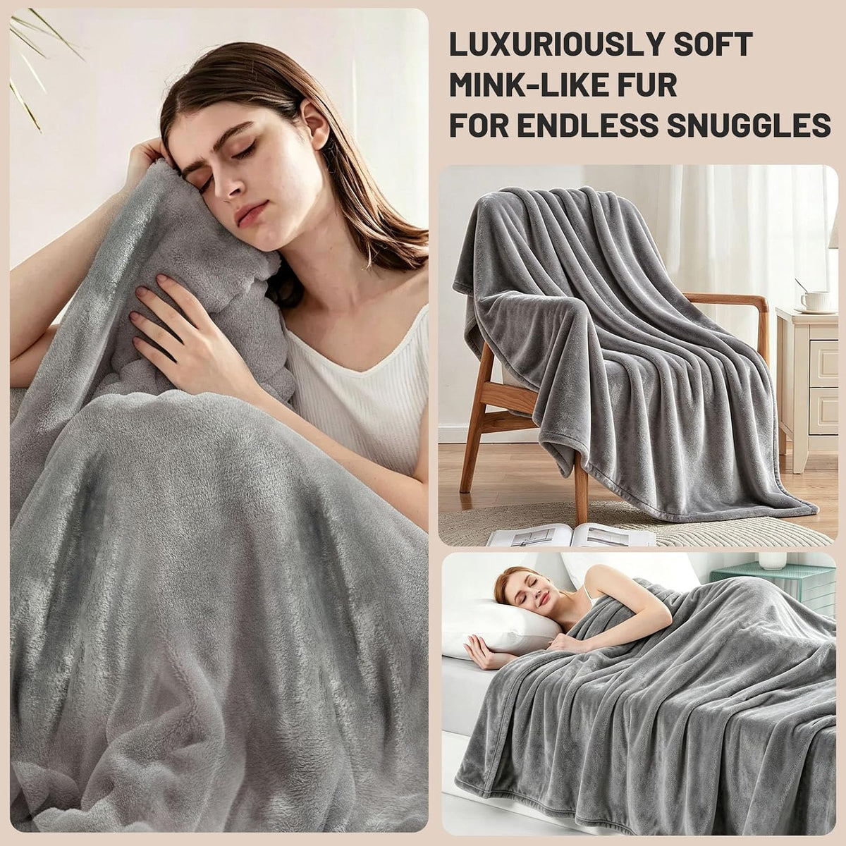 SKY-TOUCH Queen Fleece Blanket : 270GSM Super Soft Lightweight Bed Blanket Plush Fuzzy Cozy Luxury Microfiber Throw Blanket for Home Office Dorm Bed Sofa Chair Couch Travel Camping (Grey 230 * 200cm) - 5