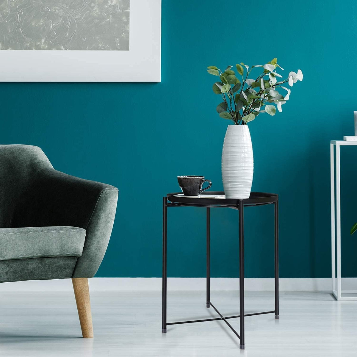 SKY-TOUCH Round Metal Tray Table Black, Detachable Tray Top, Coffee Table, Waterproof, Removable Tray Table, Living Room, Bedroom, Balcony, Office, 42×42×53cm - 2