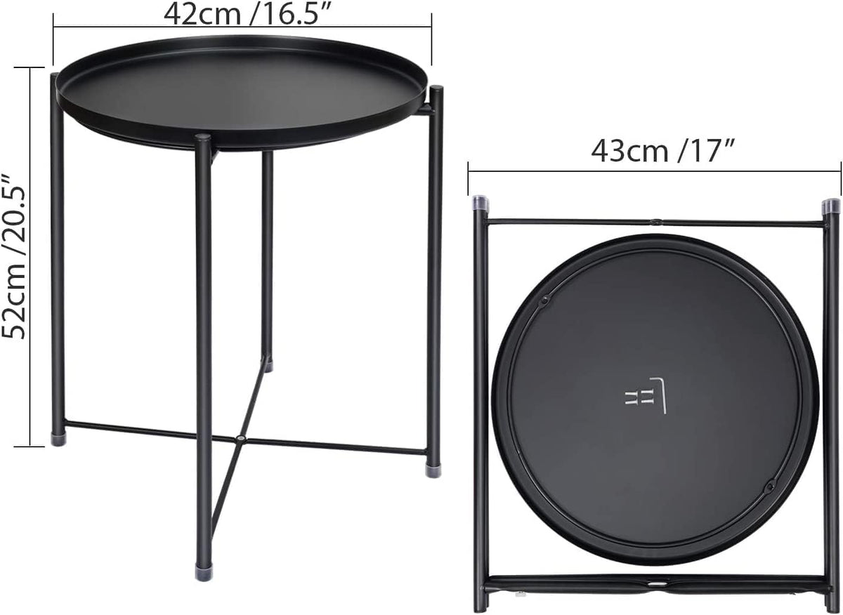 SKY-TOUCH Round Metal Tray Table Black, Detachable Tray Top, Coffee Table, Waterproof, Removable Tray Table, Living Room, Bedroom, Balcony, Office, 42×42×53cm - 3