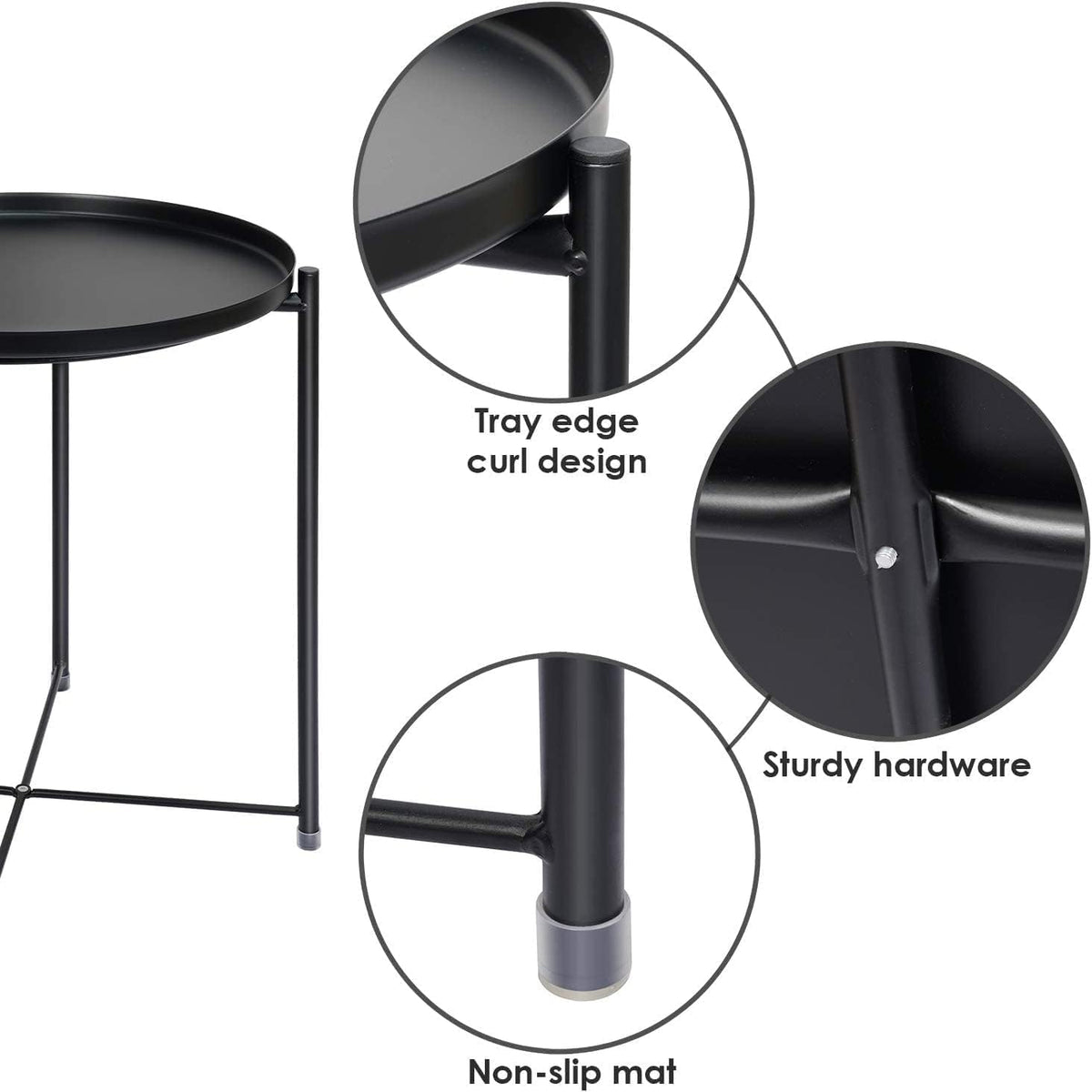 SKY-TOUCH Round Metal Tray Table Black, Detachable Tray Top, Coffee Table, Waterproof, Removable Tray Table, Living Room, Bedroom, Balcony, Office, 42×42×53cm - 4