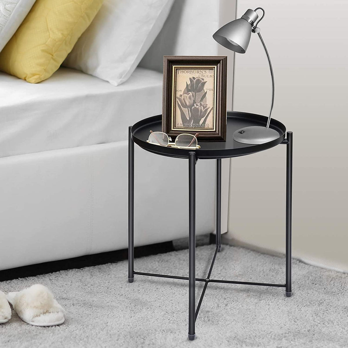 SKY-TOUCH Round Metal Tray Table Black, Detachable Tray Top, Coffee Table, Waterproof, Removable Tray Table, Living Room, Bedroom, Balcony, Office, 42×42×53cm - 5