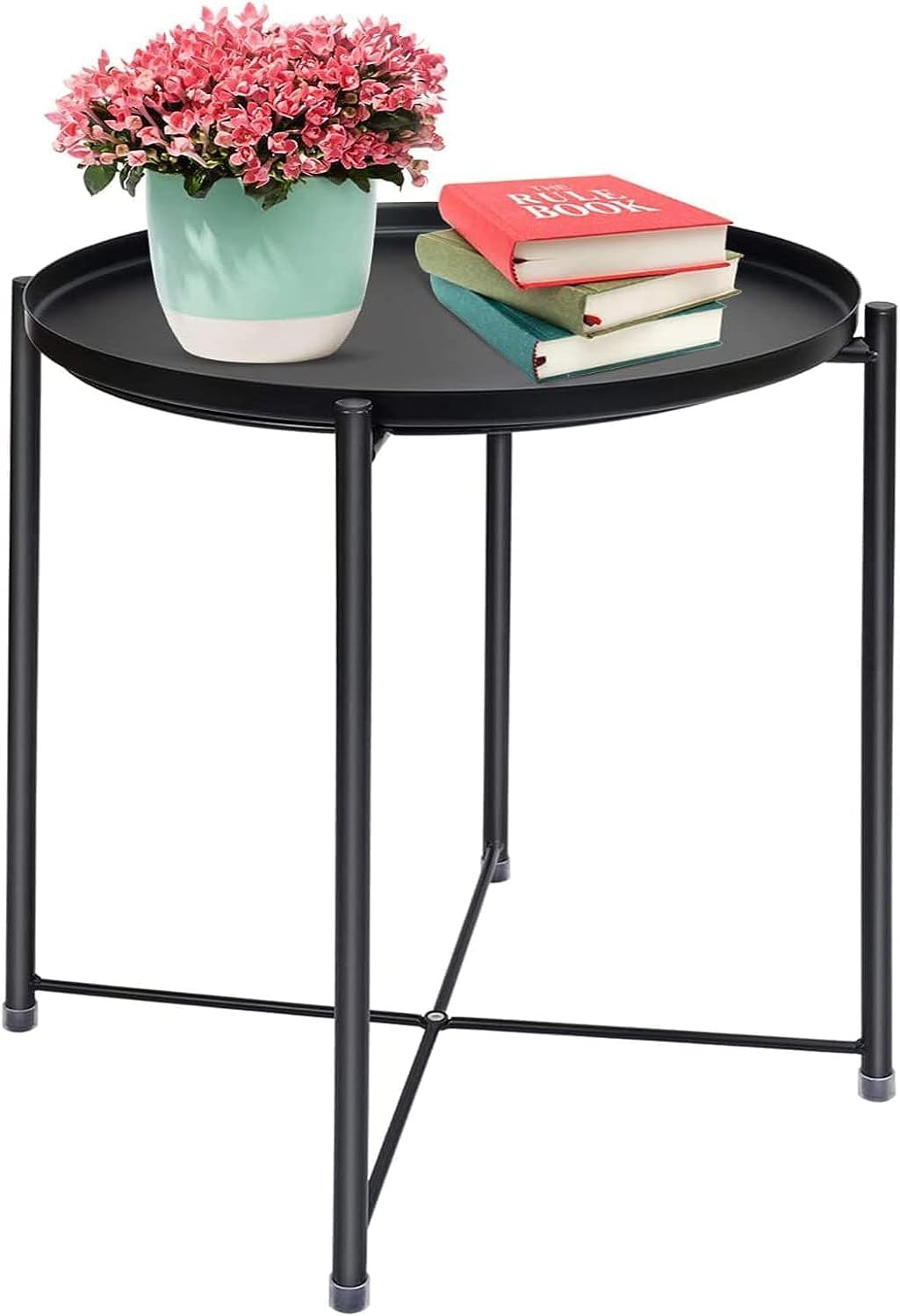 SKY-TOUCH Round Metal Tray Table Black, Detachable Tray Top, Coffee Table, Waterproof, Removable Tray Table, Living Room, Bedroom, Balcony, Office, 42×42×53cm
