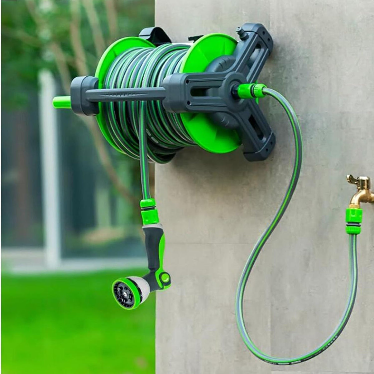 SKY-TOUCH Water Hose Reel,Portable and Wall Mount Water Pipe with High Pressure Water Gun-10 Spray Modes, Telescopic with Connection Adapters,22.5m Hose Reel Kit,2M Water Inlet Pipe - 12