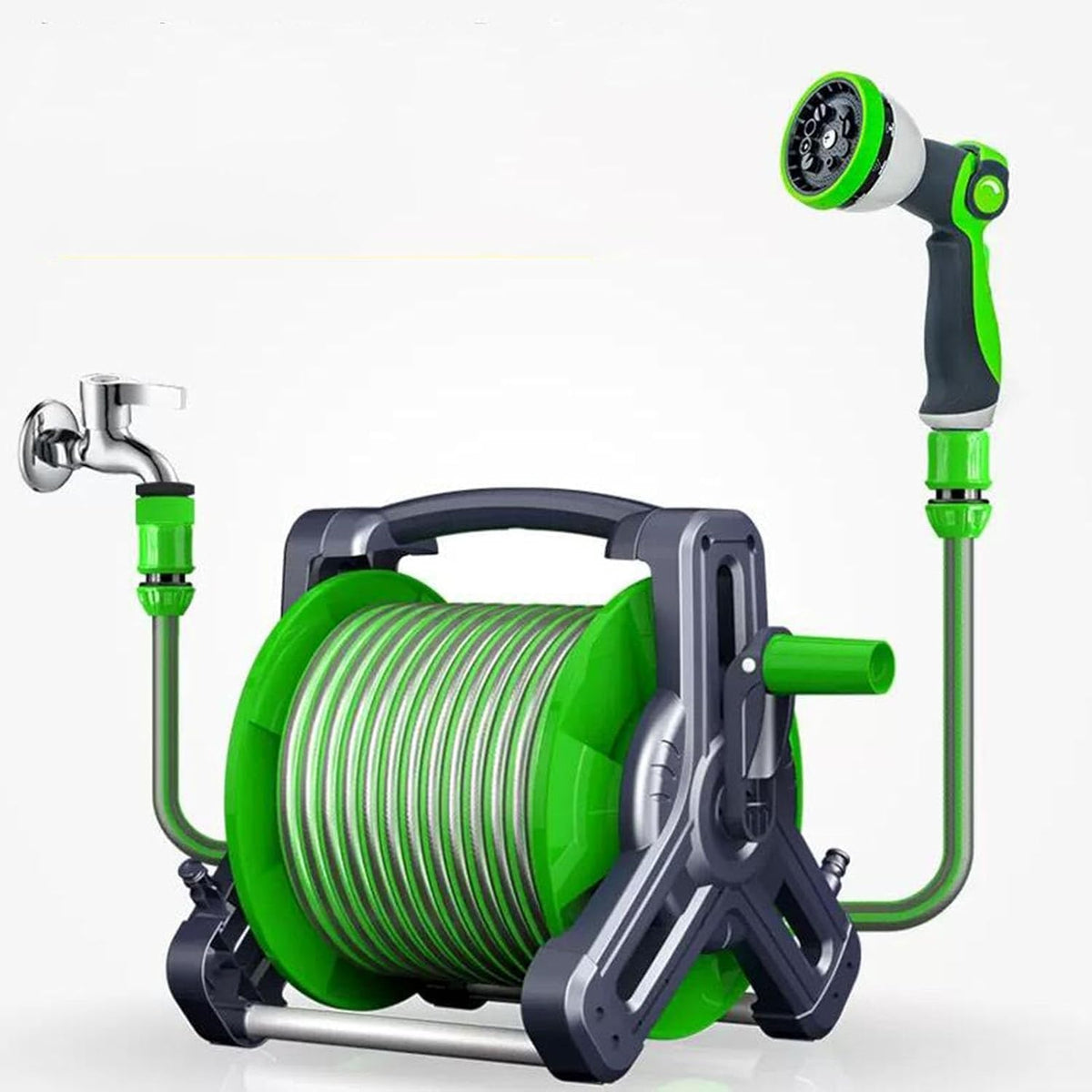 SKY-TOUCH Water Hose Reel,Portable and Wall Mount Water Pipe with High Pressure Water Gun-10 Spray Modes, Telescopic with Connection Adapters,22.5m Hose Reel Kit,2M Water Inlet Pipe