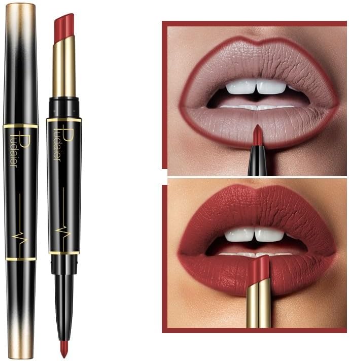 SKY-TOUCH Double Head Matte Lipstick + Lip Liner Pen Set 2 in 1 One Step Lips Makeup Waterproof Long Lasting Nude Velvet Pen, One Size 13# - 2