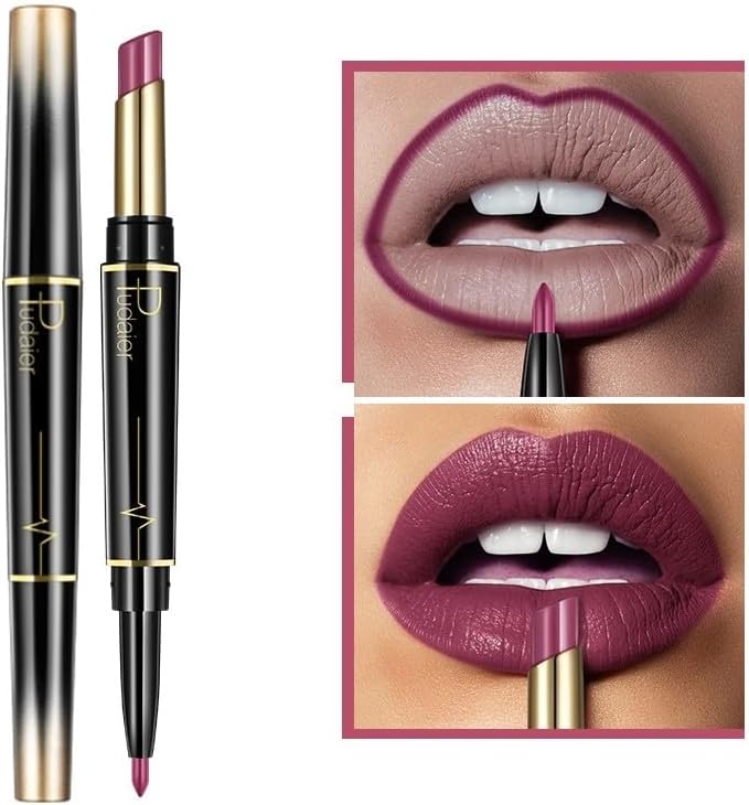 SKY-TOUCH Double Head Matte Lipstick + Lip Liner Pen Set 2 in 1 One Step Lips Makeup Waterproof Long Lasting Nude Velvet Pen, One Size 12# - 2