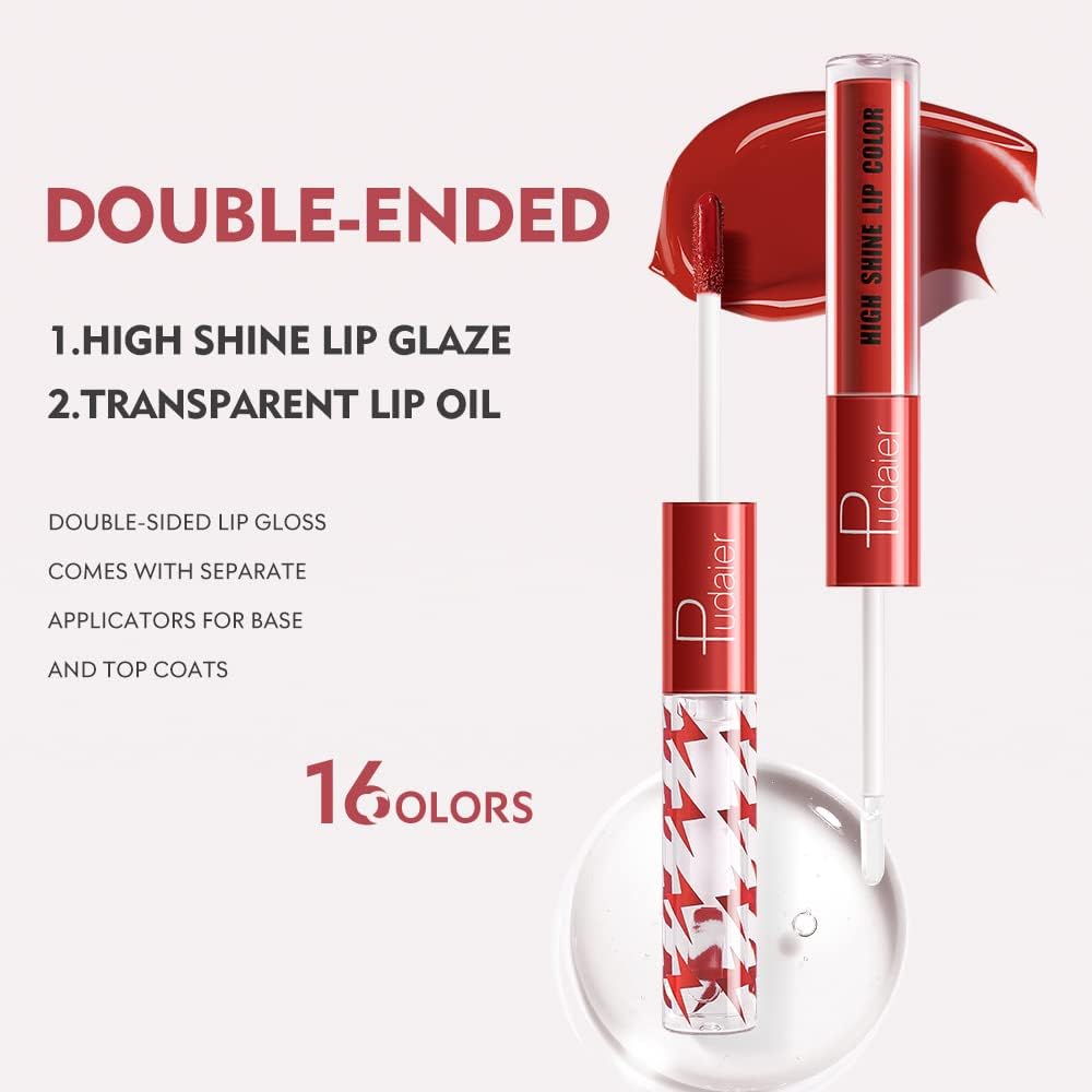 SKY-TOUCH High Shine Lip Gloss with Clear Fixed Color Lip Oil, Up to 12 Hours Long Lasting Dual Ended Liquid Lipstick, Lightweight and Non Sticky, 3ml (01) - 3