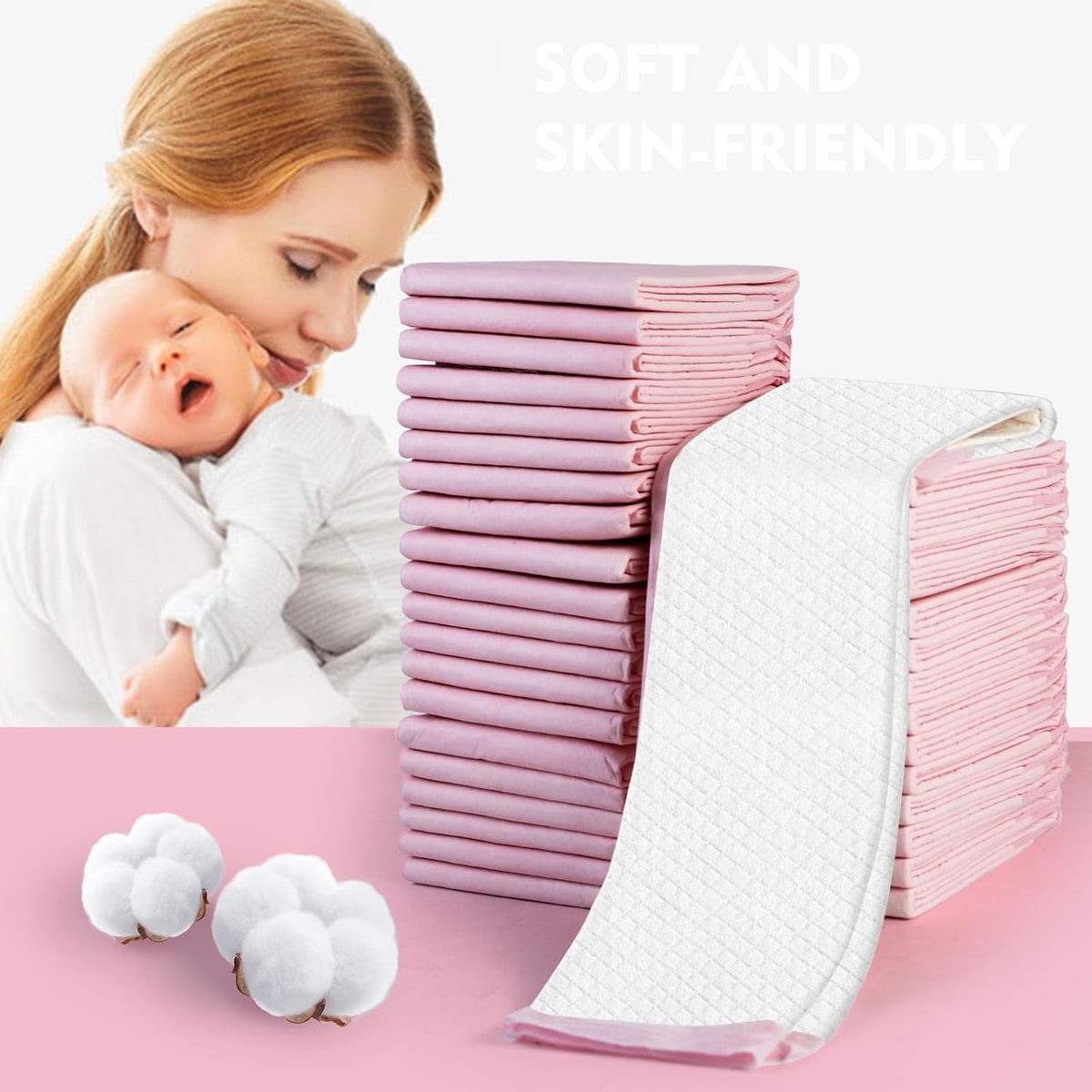 SKY-TOUCH 50 Pieces Baby Disposable Changing Mats,Waterproof Baby Changing Pads, 45x60 cm, Highly Absorbent Leakproof Changing Pad Baby, Ultra soft Diaper Changing Mat Underpads for Baby Pink - 10
