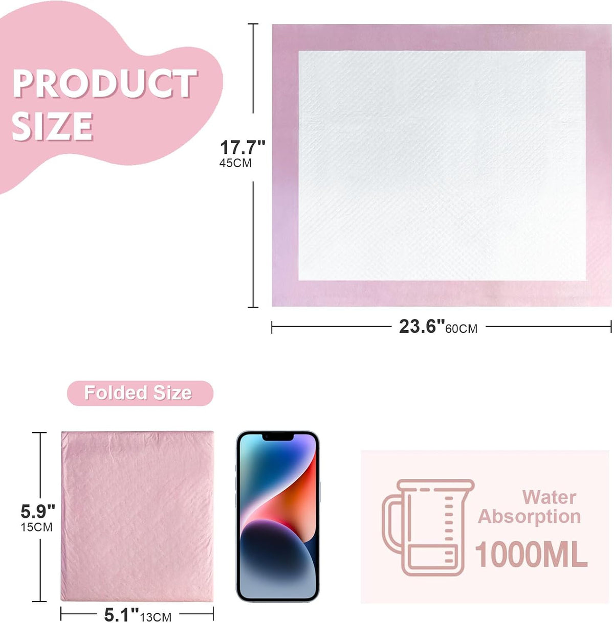 SKY-TOUCH 50 Pieces Baby Disposable Changing Mats,Waterproof Baby Changing Pads, 45x60 cm, Highly Absorbent Leakproof Changing Pad Baby, Ultra soft Diaper Changing Mat Underpads for Baby Pink - 2