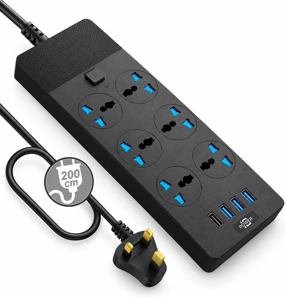 SKY-TOUCH Power Strips Extension Cord 6 Outlets, UK Plug Universal Plug Adapter with 3 USB & 1 Type-C Ports Surge Protector, Charging Socket with 2M Bold Extension Cord (Black)