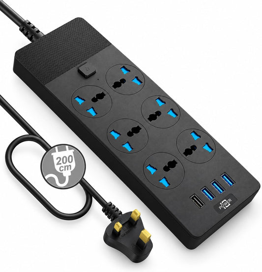 SKY-TOUCH Power Strips Extension Cord 6 Outlets, UK Plug Universal Plug Adapter with 3 USB & 1 Type-C Ports Surge Protector, Charging Socket with 2M Bold Extension Cord (Black)