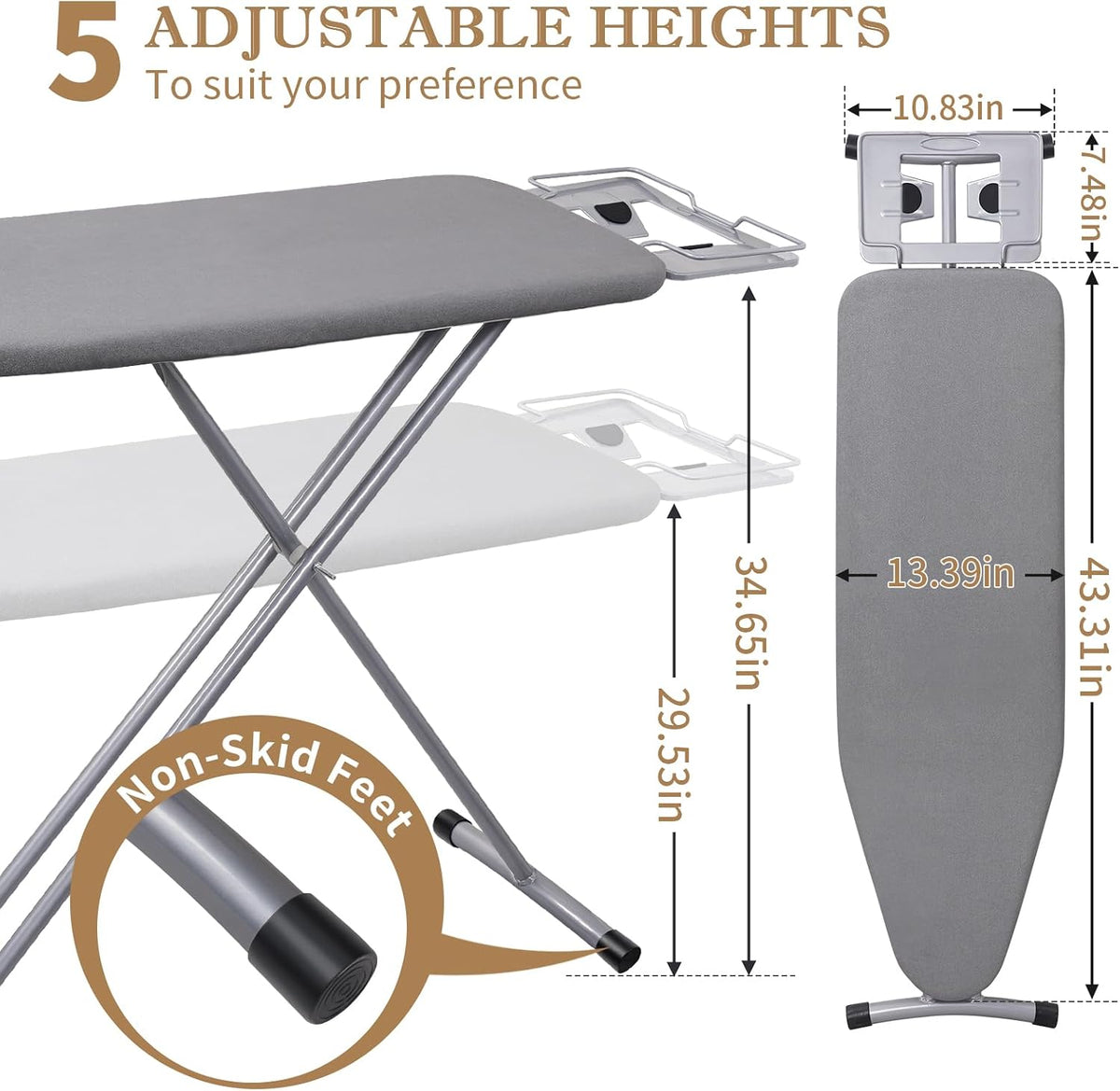 SKY-TOUCH Compact Foldable Ironing Board 110 x 33 cm, Lightweight Metal Frame with Extra-Large Iron Rest, Adjustable Height, Non-Slip Feet for Home, Dorm Laundry Use, Grey - 2