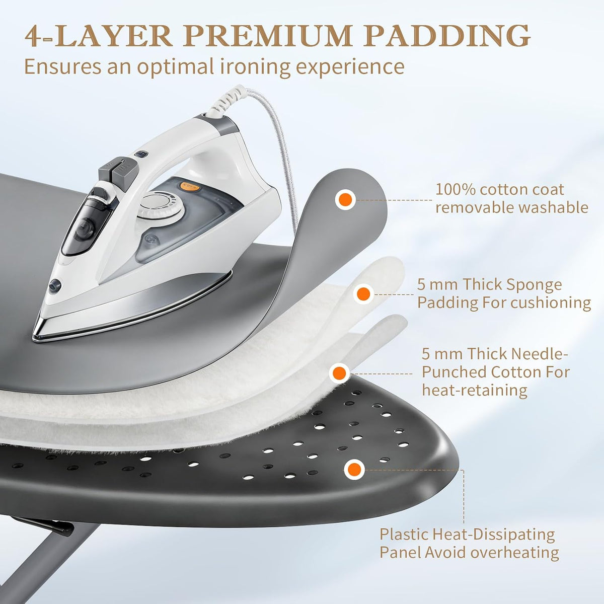 SKY-TOUCH Compact Foldable Ironing Board 110 x 33 cm, Lightweight Metal Frame with Extra-Large Iron Rest, Adjustable Height, Non-Slip Feet for Home, Dorm Laundry Use, Grey - 3