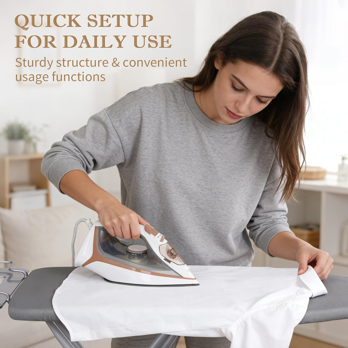 SKY-TOUCH Compact Foldable Ironing Board 110 x 33 cm, Lightweight Metal Frame with Extra-Large Iron Rest, Adjustable Height, Non-Slip Feet for Home, Dorm Laundry Use, Grey - 5