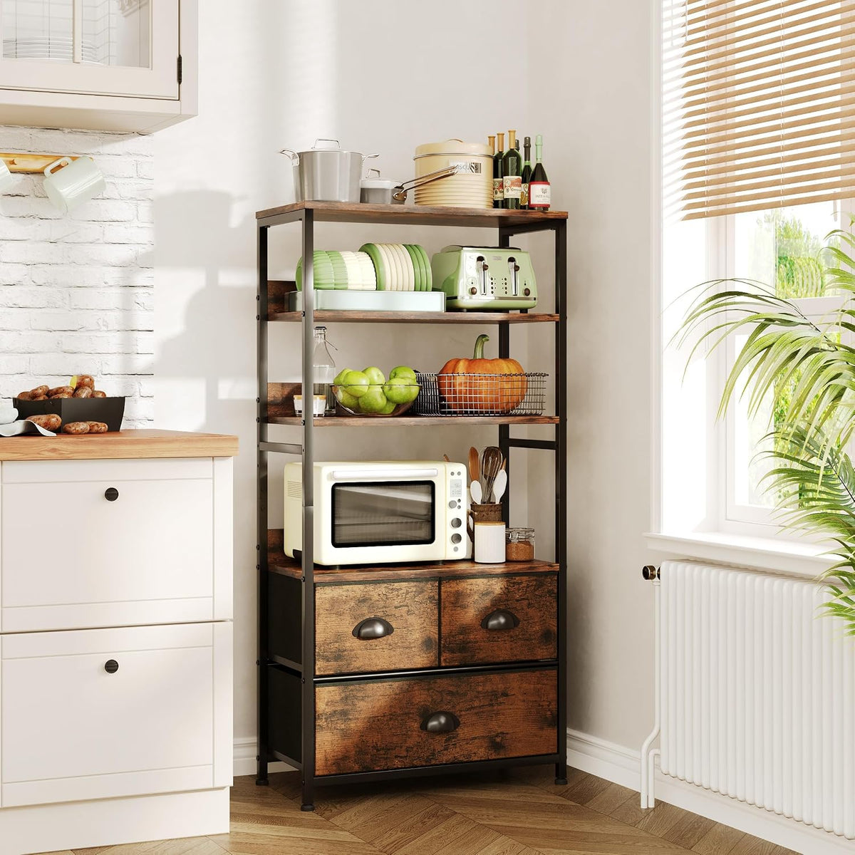 SKY-TOUCH Kitchen Storage and Organization Rack, 3 Fabric Drawers & 4 Tier Shelf Unit for Office, Home, Living Room, 22.9x11.6x56.7 inch - Tiger Wood - 2